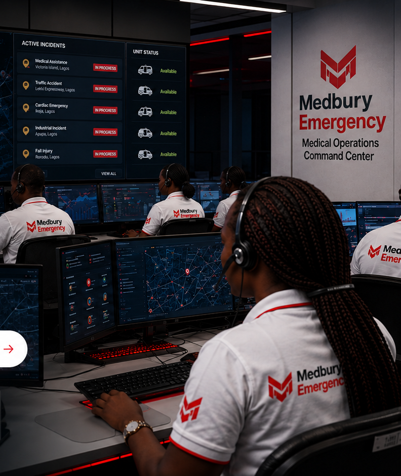 Medbury Emergency agents monitoring live incident dashboards inside the Medical Operations Command Center